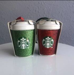 Nwt2018 Starbucks Coffee 762111386328 Red And Green Glitter Cup Christmas Ceramic Ornament 3 Inch Lot Of 2