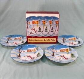 K1137-0429 Stonelite Christmas Skiing Snowman Set Of 4 Plates 8-1/2 Inch New Open Box