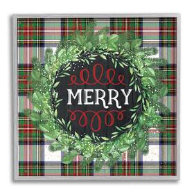 Ak-041 Stupell Industries 24x24 Merry Winter Pine Wreath Christmas Wall Art Green Plaid Grey Frame