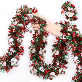 10m-ma-04 Stzmamil Red Green Christmas Tinsel Garland With Snowman Ornaments 33 Ft Metallic Chr