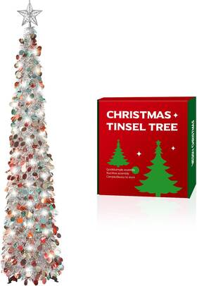 Surcvio 741157622294 5ft Pop Up Christmas Tinsel Tree With 2 Modes 50 Led Lights And Colorful Sequ