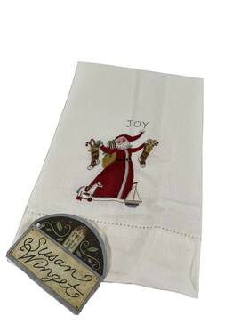 Rn-65899 Susan Winget Christmas Santa Joy Embroidered Linen Tee Towel By