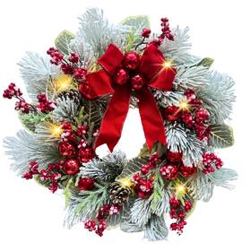 Sdw-00008 Svndlyn 22 Inch Lighted Snow Flocked Christmas Wreath With Red Bow Ball Ornaments P