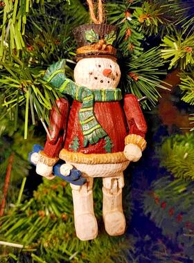 Swc 805780320252 Christmas Ornament Snowman Faux Wood Movable Arms Legs Hanging Decor