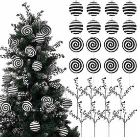 Syhood Zif-syhood-5162 24 Pcs Christmas Tree Black White Candy Ornaments Fluff Bal