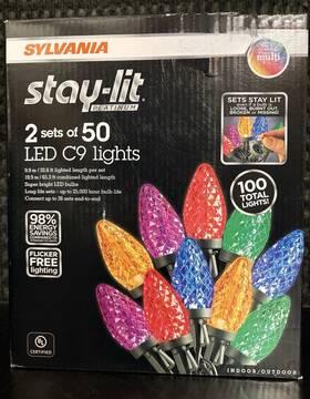 Sylvania 883624440847 Stay-lit 2 Sets Of 50 C9 Faceted Led Christmas Lights - Multicolor