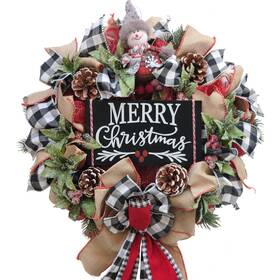 T-xmas2316 Tempus 18 Inch Winter Wreath For Front Door Black White Grid Mesh Decorative