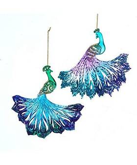 The Bridge Collection 840092256356 Colorful Blue And Purple Peacock Bird Christmas Tree Ornaments Set Of 2 Beauti