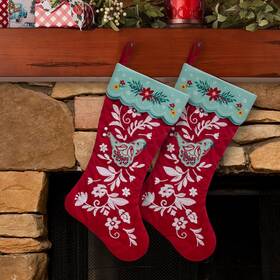 Pwh22801724047x The Pioneer Woman Christmas Embroidered Stockings Mazie Bird 2pc Set Red Teal 20 Inch L