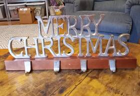 Threshold 191908678917 Merry Christmas Stocking Hangers Holder Holds 4 Stockings Wood Metal 18.5 Inch Lx8 H