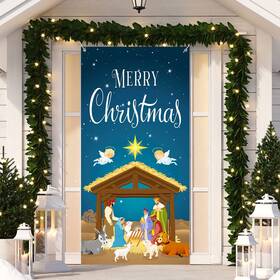 Ns-tiamon-187 Tiamon Christmas Nativity Scene Door Cover Merry Banner Backdr