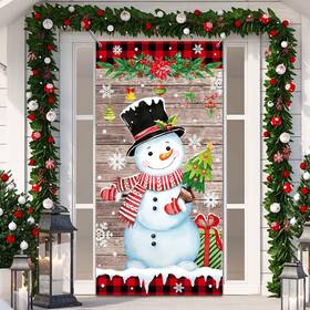 Ns-tiamon-444 Tiamon Snowman Wood Grain Christmas Door Cover 6 X 3 Feet Polyester Indoor