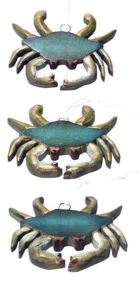 C011b Tim Coastal Blue Crabs Carved Wood Holiday Christmas Ornaments Set Of 3