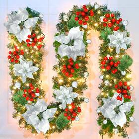 Swq-583 Timiyou Pre-lit Artificial Christmas Garland Green Rattan With Silver Flower