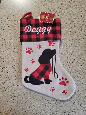 Toy Time 481072659608 Buffalo Plaid Black Dog Holding A Leash Embroidered Doggy Christmas Stocking