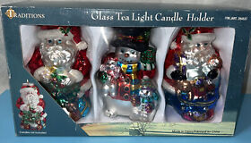 264537 Traditions Hand Blown Glass Christmas Tea Light Candle Holder Set Of 3 #264537