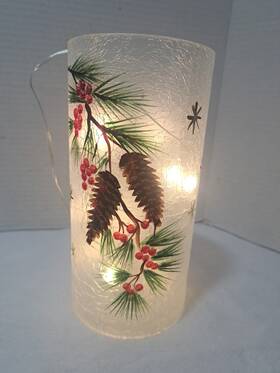 Y1469 Transpac 8 Inch Crackle Glass Hurricane Decorative Pinecone Led Christmas