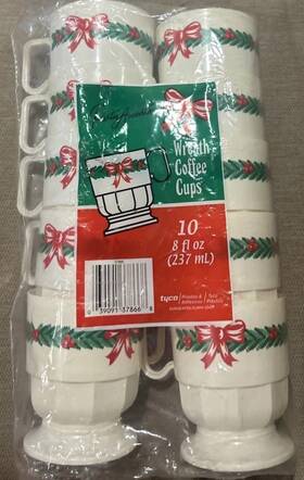Tyco 039091378668 Vintage Party Accents Christmas Wreath Plastic Coffee Cups 10 Pack Set New