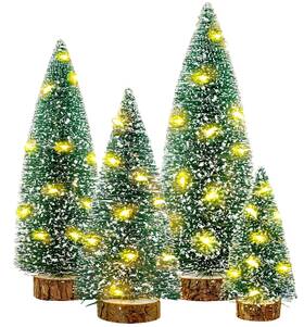 Ft-067 Unves Small Christmas Tree With Lights 4 Pcs Table Top Mini Wooden Bases Led String