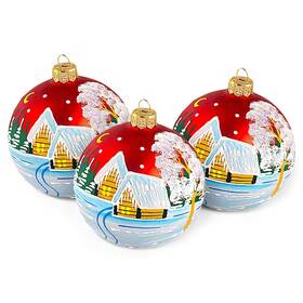 Urita 605468464243 Snow Village On Red Christmas Ornament Set Of 3 Ukrainian Glass Ball Bauble 3.5 Inch
