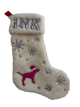 Victorias Secret Pink 667551828028 Silver Logo Bling White Sherpa Dog Christmas Stocking