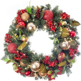 V-11090 Village Lighting Company 30 Inch Artificial Christmas Wreath - Scarlet Hydrangea Collection Gold Red