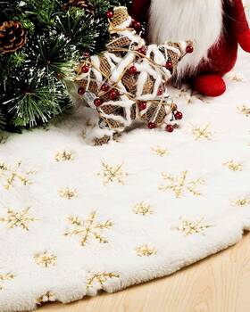 Voph 711544743095 Christmas Tree Skirt 48 Inches Faux Fur White With Gloden Snowfla