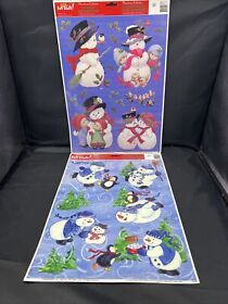 Vtg Window Clings Christmas Snowman Robin Penguin Kids Play Frid Ge Glass Usa