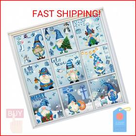 Whaline W5704 Christmas Winter Gnome Window Clings 9 Sheets Xmas Snowflakes Snowman Be