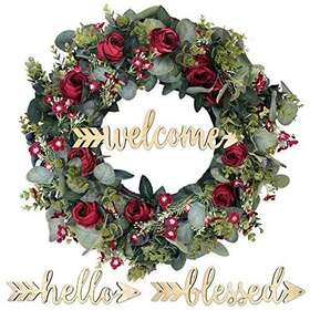 Wildivory 356318000203 Christmas Eucalyptus Wreath With Red Roses And 3 Signs - 20 Inch Winter Wreat