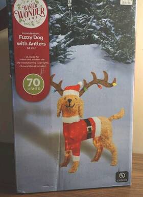 Winter Wonder Lane 481071582006 32 Inch Tinsel Dog Goldendoodle Lab Antlers Light Up Fuzzy Christmas Indoor Outdoor