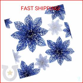 Wironlst 746555839237 24 Pieces Glitter Poinsettia Flowers Christmas Tree Ornaments Glitzy P
