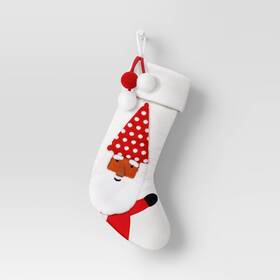 Wondershop 198101081650 Santa In Polka Dot Hat Christmas Stocking With Pom Poms Classic Holiday Decor