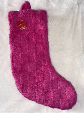Wondershop Target 198101081384 Christmas Stocking Pink Check Pattern Plush Fur Mod Retro Nwt