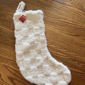 Wondershop Target 198101081773 Christmas Stocking Cream Check Pattern Plush Fur Mod Retro Nwt