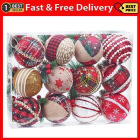 Woofopt 313113182175 12 Pcs Burlap Christmas Ball Ornaments 3.2 Inches Rustic Buffalo Plaid Christma