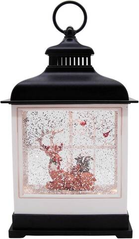136438 Wowser Lighted Deer In Black Topped Lantern Swirling Glitter Freestanding Christmas D