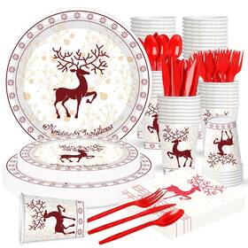 Xionpe 762849494272 140-pc Christmas Disposable Tableware Set For 20 Guests - Reindeer Themed Par