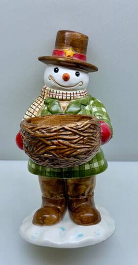 Yankee Candle 609032459260 Christmas Tea Light Snowman Holding Basket 6 Inch Tall Ex Cond