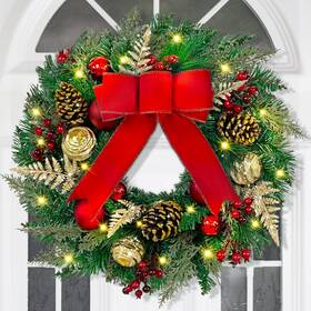 B0fd39fzb2 Yastouay 16 Inch Lighted Christmas Wreath For Front Door With Red Bow And Holiday Decor