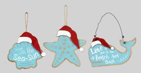 98617 Youngs Starfish Whale Seashell In Santa Hats Christmas Holiday Ornaments Set Of 3 Wood