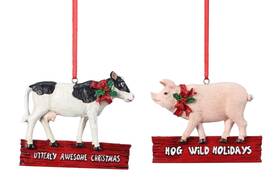 99046 Youngs Cow Utterly Awesome Christmas Pig Hog Wild Holidays Ornaments Set Of 2 Resin