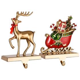 Yuokwer 787803423990 Set Of 2 Reindeer And Sleigh Christmas Stocking Holder For Fireplace Metal Ch