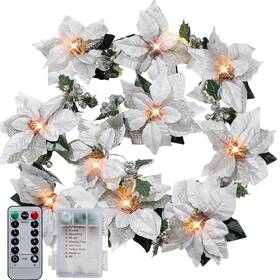 Zubebe Prelit-06 2 Pcs Prelit Poinsettia Christmas Garland With String Lights Glitter H