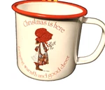 Vintage Enamelware Holly Hobby Christmas Mug Metal 1979 Holiday Cup 2 " Tall. Fixed Price $12.45.