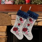 Pioneer Woman Christmas Stockings Red Roses Blue Ruffle 20" Long 2PCS Floral. Fixed Price $34.95.