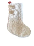 Faux Fur White Christmas Stocking With Poms & Cable Knit Design. Fixed Price $15.00.