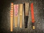 Lot Of 4 Vintage Hand Folding FANS+1 Chopsticks 3 Asian FANS/1 Us Flag. Fixed Price $24.99.