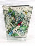 Handpainted Amia Stained Glass Styled Hummingbird Floral Candle Votive Holder 3". Fixed Price $18.00.