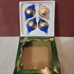 4 Christmas Trimmeries By Bradford Hand Decorated Glass Ornaments Blue Gold. Fixed Price $18.00.